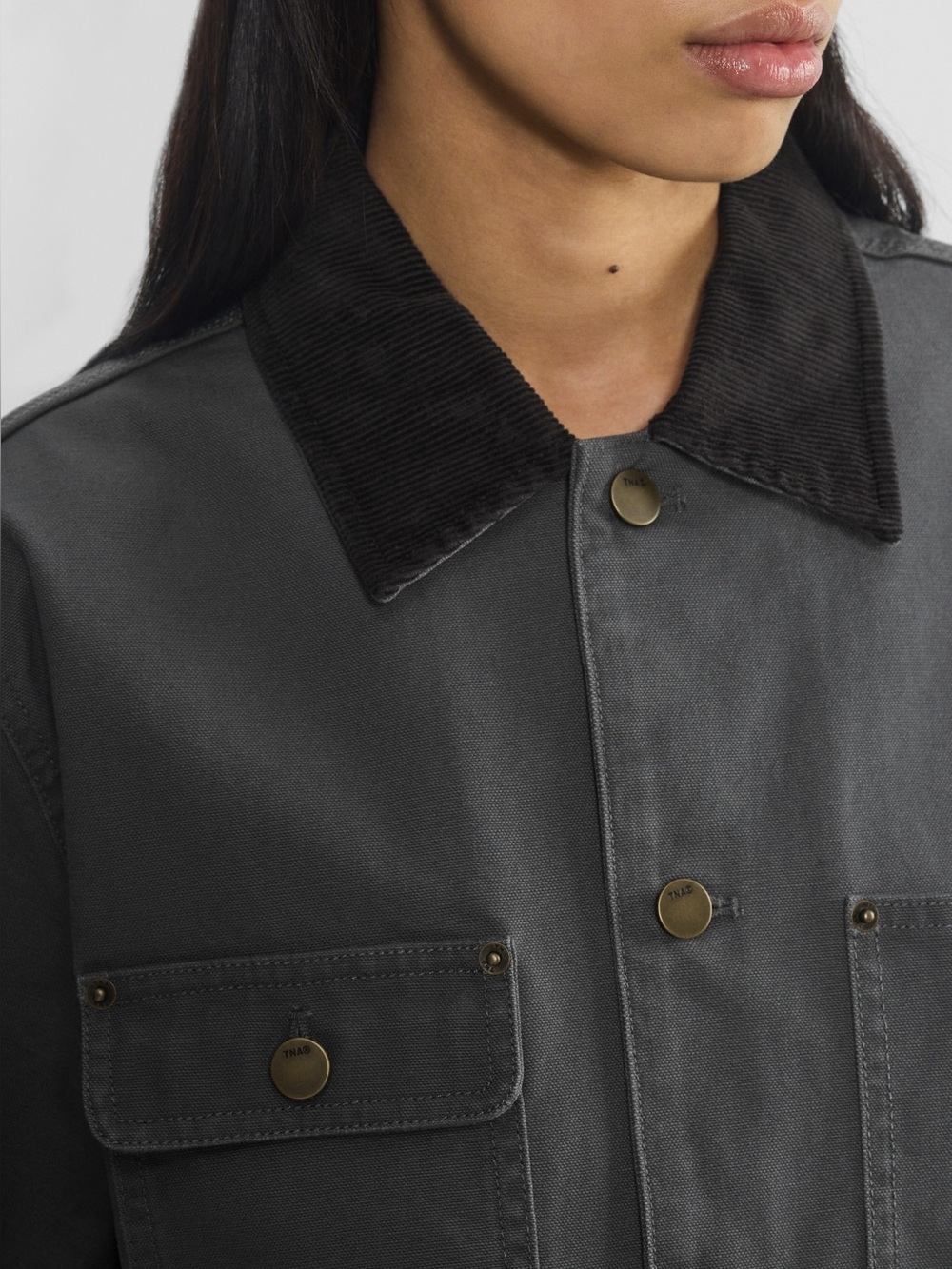 TNA Aritzia Chore Charcoal Jacket with Black Corduroy Collar